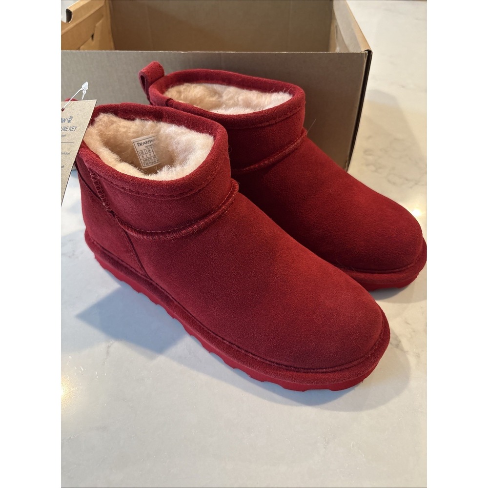 BEARPAW Shorty Womens Ankle Boots 6 M Red Dahlia Suede Comfort Slip On Round Toe